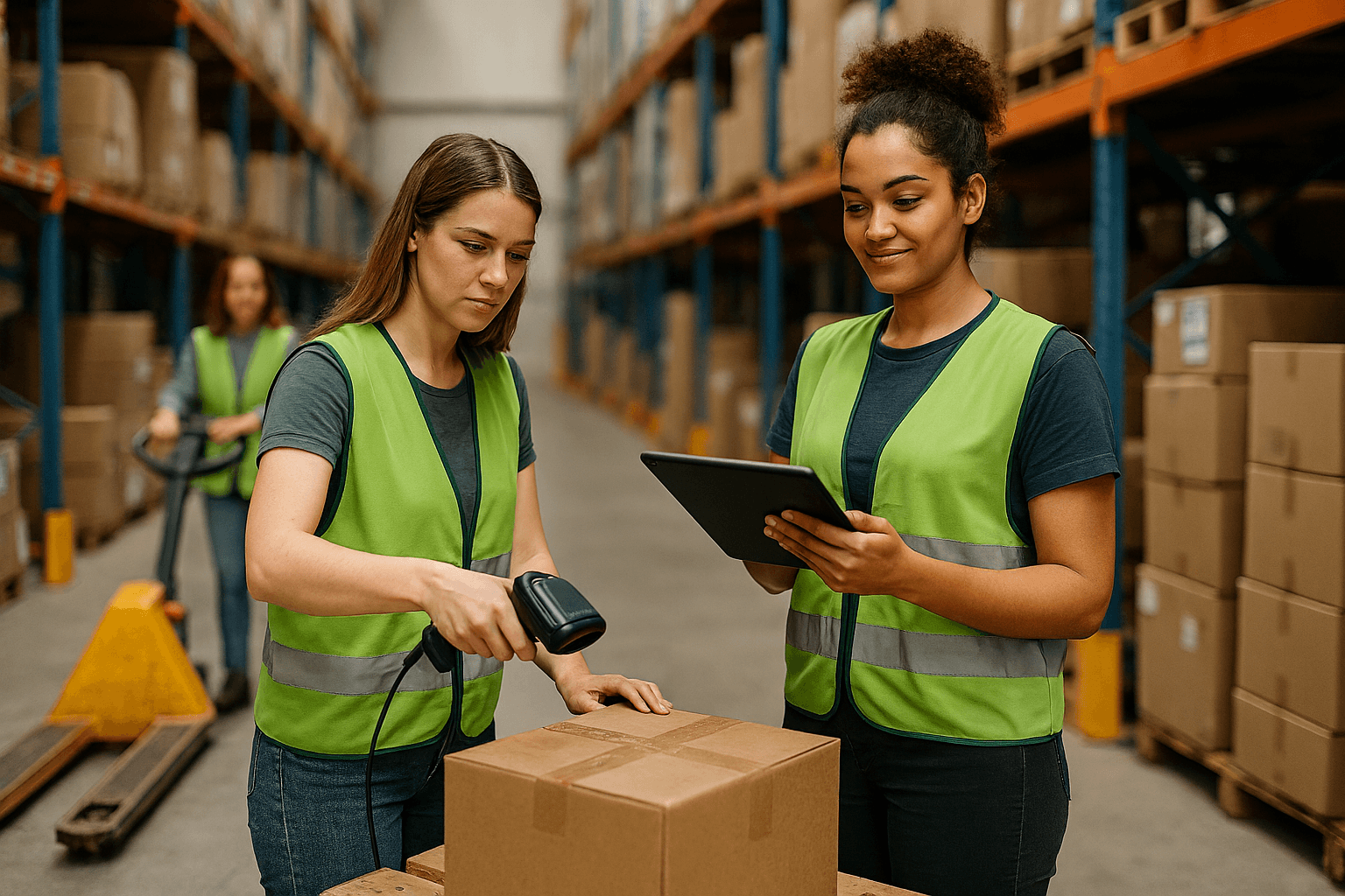 warehouse workers using barcode scanning and digital devices for accurate logistics workflows in 2026