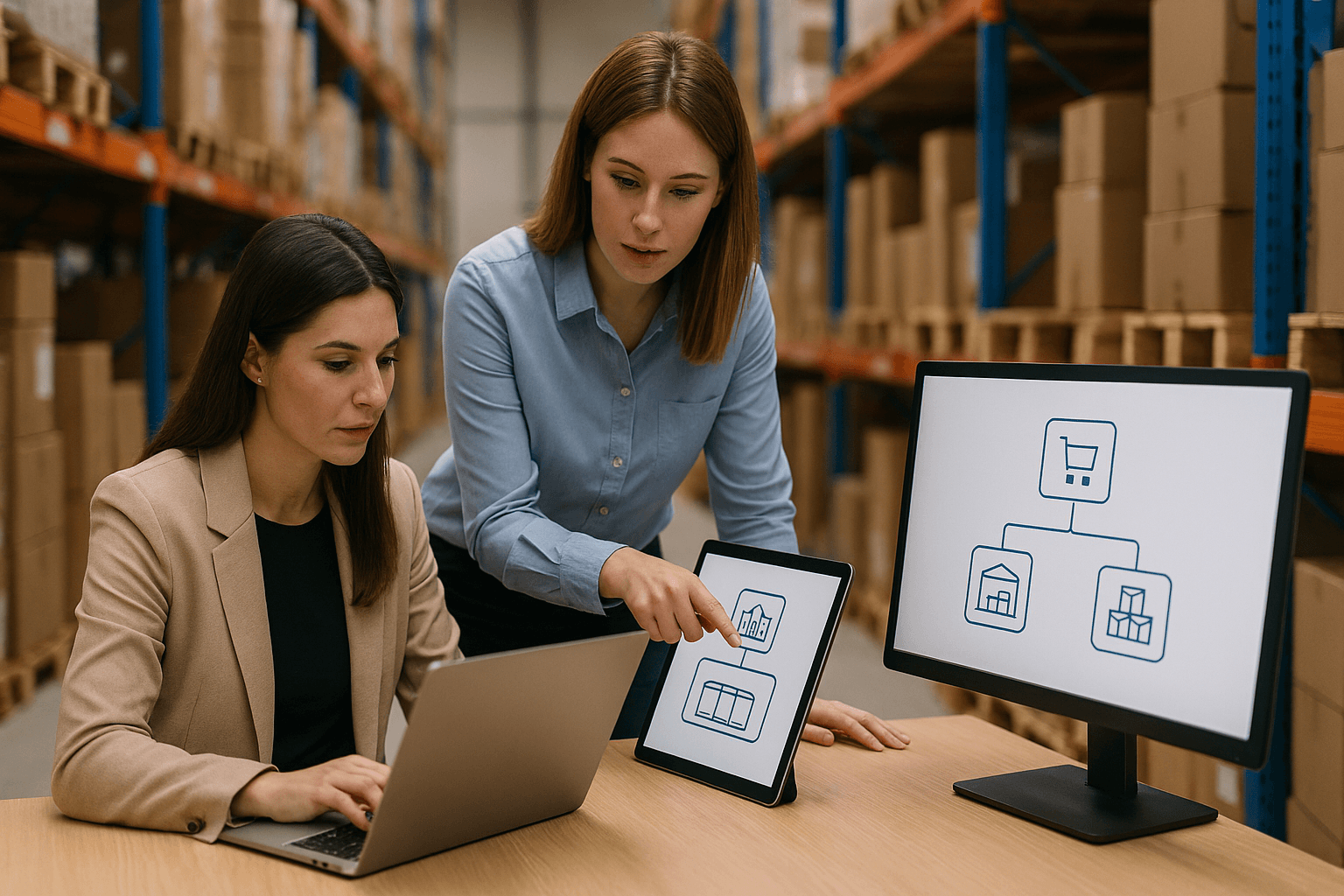 Connected ecosystem integration demonstrated through synchronized warehouse systems and digital workflow tools.
