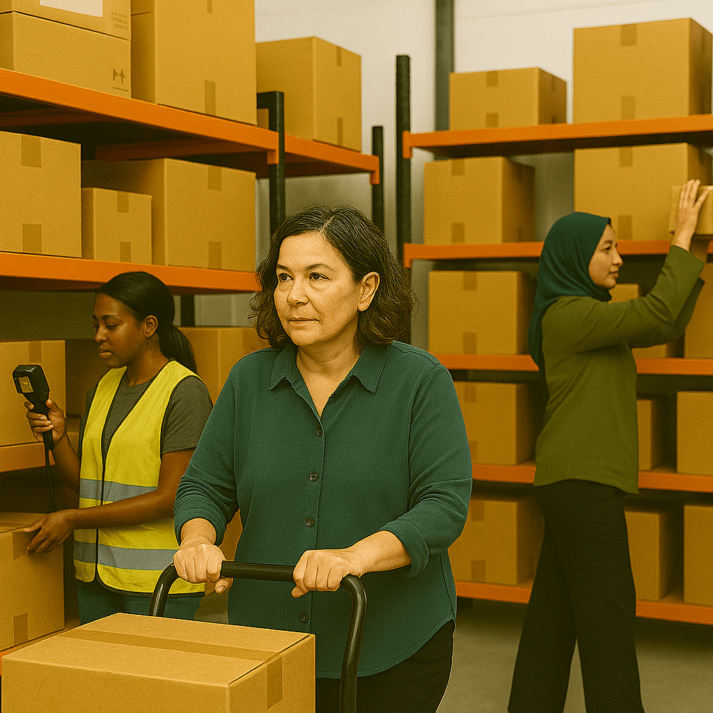 Female warehouse team organizing inventory during logistics spring cleaning for improved Q2 operations